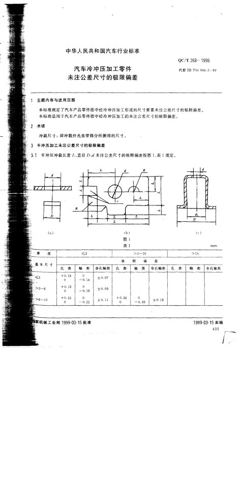 QC/T 268-1999 汽车冷冲压加工零件 未注公差尺寸的极限偏差