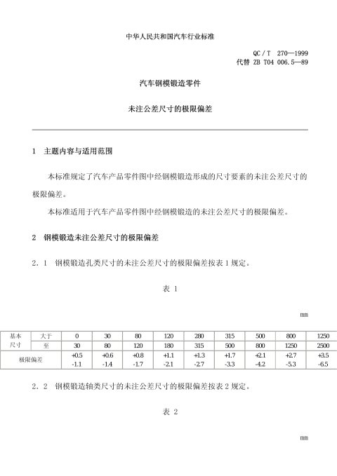 QC/T 270-1999 汽车钢模锻造零件 未注公差尺寸的极限偏差